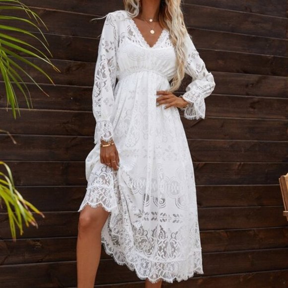 Boho Beauty All over Lace Flounce Sleeve maxi Dress - Picture 2 of 16